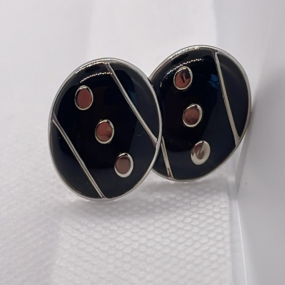 Black Oval Enamel Cufflinks w “Dot” Pattern Silver & Black! Stocking Stuffer! - Picture 12 of 13